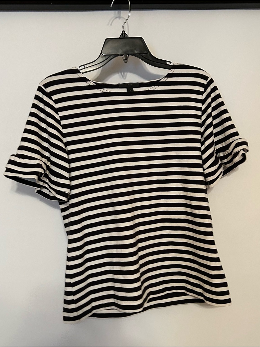 J. Crew Black & White Striped Ruffle Sleeve Tee